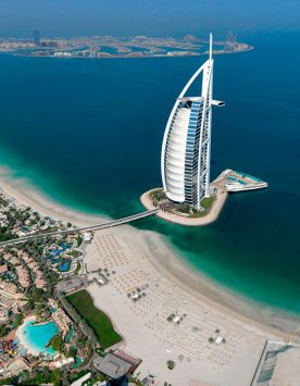 This picture taken on July 8, 2020 shows an aerial view of the Burj al-Arab hotel in the Gulf emirate of Dubai, during a government-organised helicopter tour. (Photo by KARIM SAHIB / AFP) (Photo by KARIM SAHIB/AFP via Getty Images)